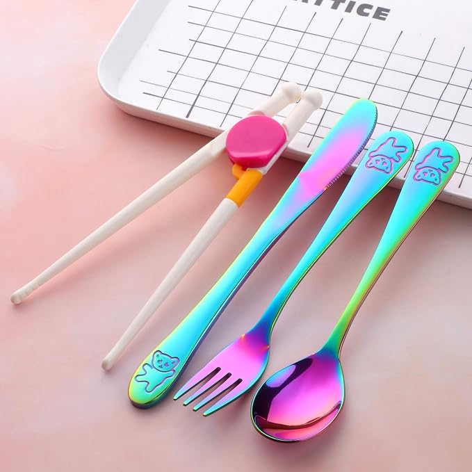 Stainless Steel Kids Silverware with Training Chopsticks, 12 Pieces Rainbow Toddler Utensils for 4-12 Years Old, Food Grade Metal Kids Utensils Set, Children Safe Flatware, Dishwasher Safe, Poylim