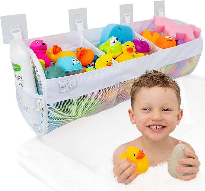 Comfylife Large Bath Toy Organizer ??3 Compartment Bath Toy Holder for Bathtub & Shower ??Quick-Dry Mesh with 4 Strong Adhesive Hooks ??Kids Toys Storage Net for Bathroom, shower & Tub