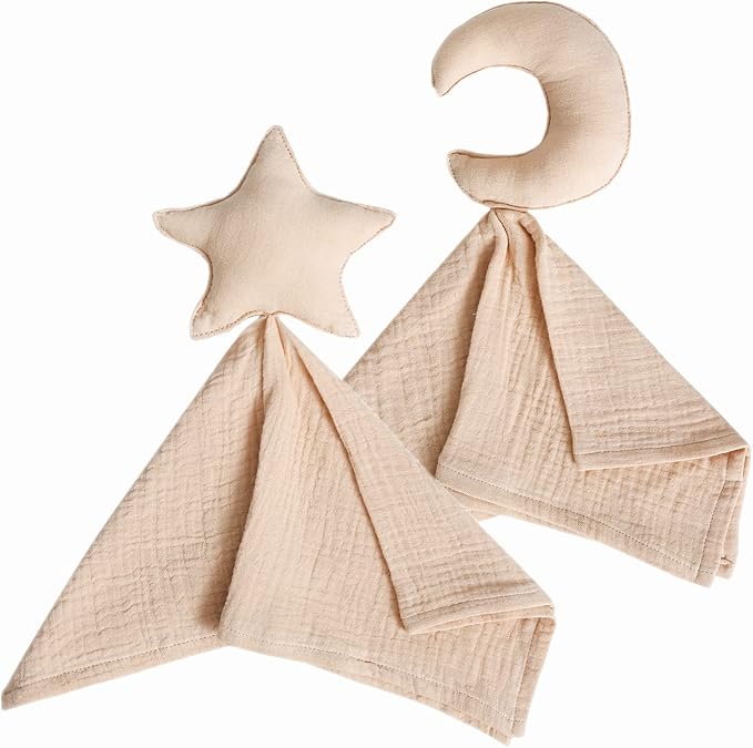 insular Baby Lovey Blanket for Boys and Girls, Organic Cotton Muslin Security Blanket for Babies, Soft Breathable Lovie Soothing Towel for Newborn and Infant, Star&Moon (Khaki)