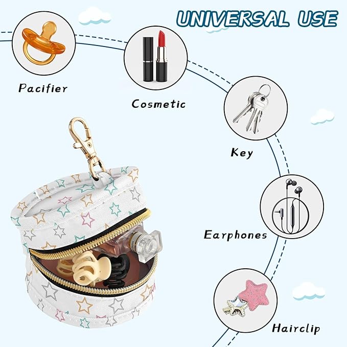 Colorful Star White Pacifier Holder Case Newborn Pacifier Storage Pouch for Boys Girls Easy Attach to Diaper Bag Portable Baby Essentials Container