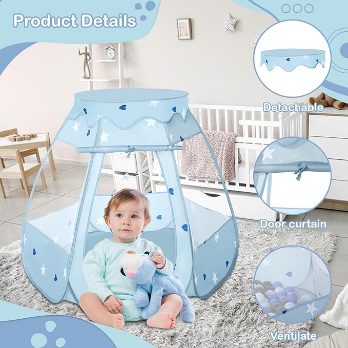 Baby Ball Pit for Toddler with 50 Balls, Kids Pop Up Play Tent for Girls, Princess Toys Gifts for Children Indoor & Outdoor Playhouse (Greyish-Blue: Gray/White/Babyblue, 109x90cm/50 Balls)