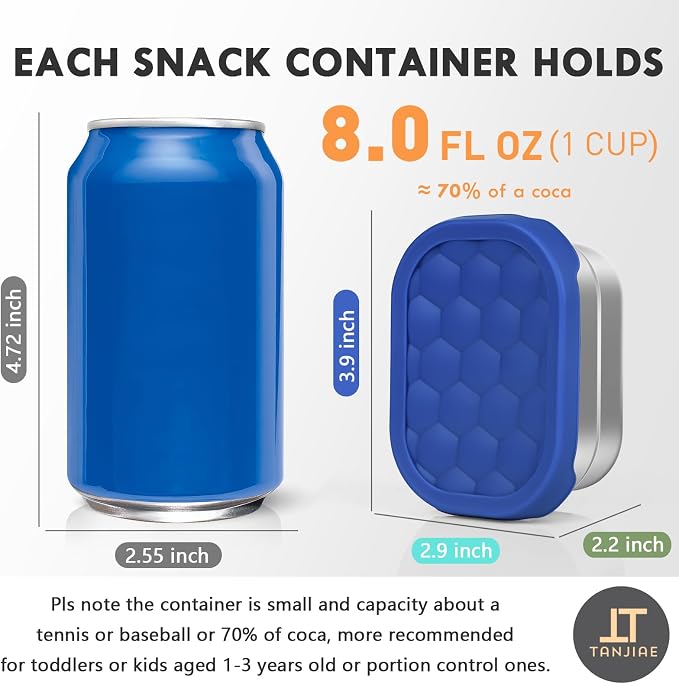 Tanjiae Small (1 CUP) Stainless Steel Snack Containers for Kids | Easy Open Leak Proof Food Containers with Silicone Lids - Perfect Metal Toddler Lunch Box for Daycare and School (8oz)