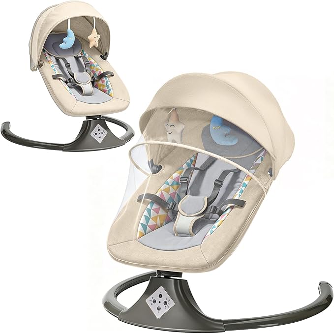 Electric Baby Swing for Infants,Multifunctional 3-in-1 Rocker,5-Speed Adjustable,Remote Control,10 Melodies,5-Point Harness,for Infants Up to 30 lbs, Up to 12 Months Easy Assembly (khaki)