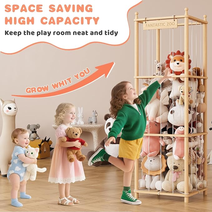 TOPMELON Stuffed Animal Zoo Storage, Cute Wooden Toys Tower for Kids, Large Capacity Plush Toy Organizer Holder for Playrooms & Children's Room (16.8??x 16.8??x 53.6??