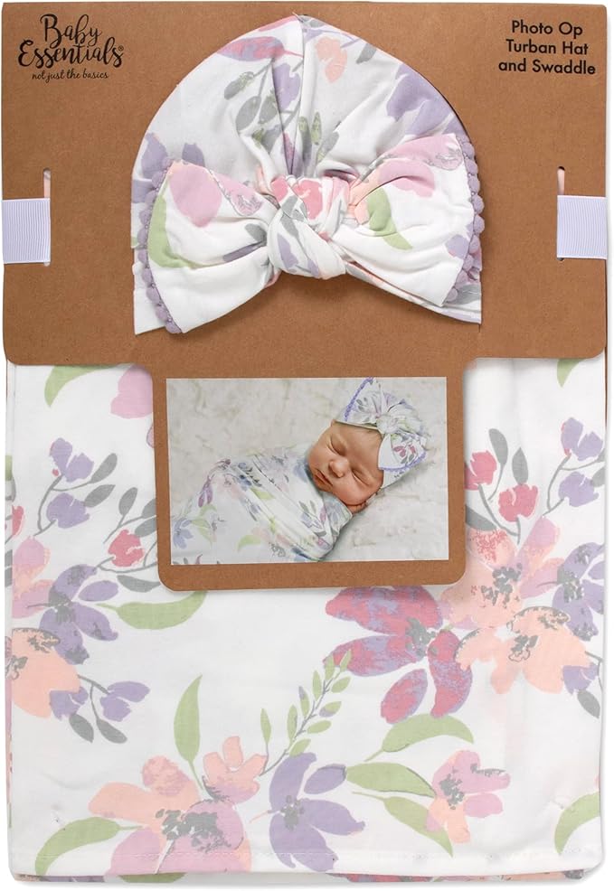 Baby Cotton Swaddle Blanket Wrap with Headband or Hat Set for Baby Girls, Boys Newborns and Infants 0-6 Months (Colorful Blooms)