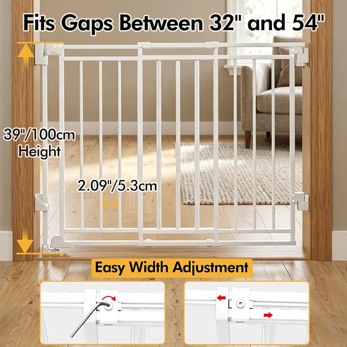 Baby Gate Extra Wide 32-54”W x 39”Extra Tall,Must Drill to Install,One-Hand Operation，No Bottom Threshold,Auto Close，White