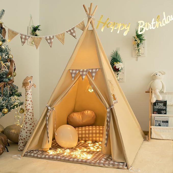 Teepee Tent with Padded Mat Bunting Banner Fairy Lights - Print Gingham Kids Play Tent with Carry Bay for Indoor and Outdoor, Play House Toys for Toddler, Boys and Girls