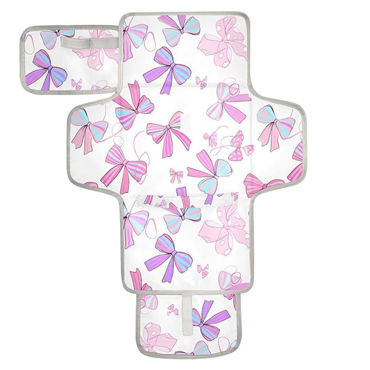 Pretty Pink Bows Portable Diaper Changing Pad for Baby, Waterproof & Foldable Changing Mat, Soft & Comfortable with Wipes Pocket, Baby Essentials