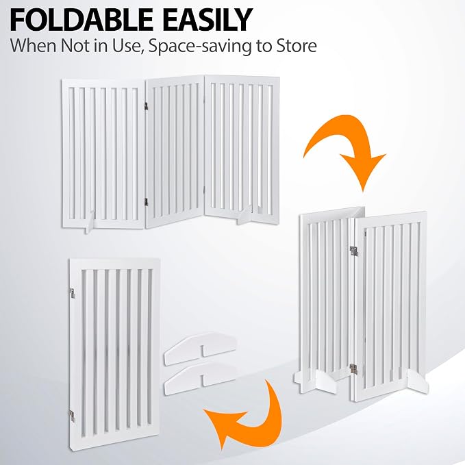 Nouva 36" H Pet Gate, 3 Panels Indoor Foldable Dog Fence, Dog Gate for Stairs Doorways, Hardwood Pet Gate, Freestanding Pet Fence, White