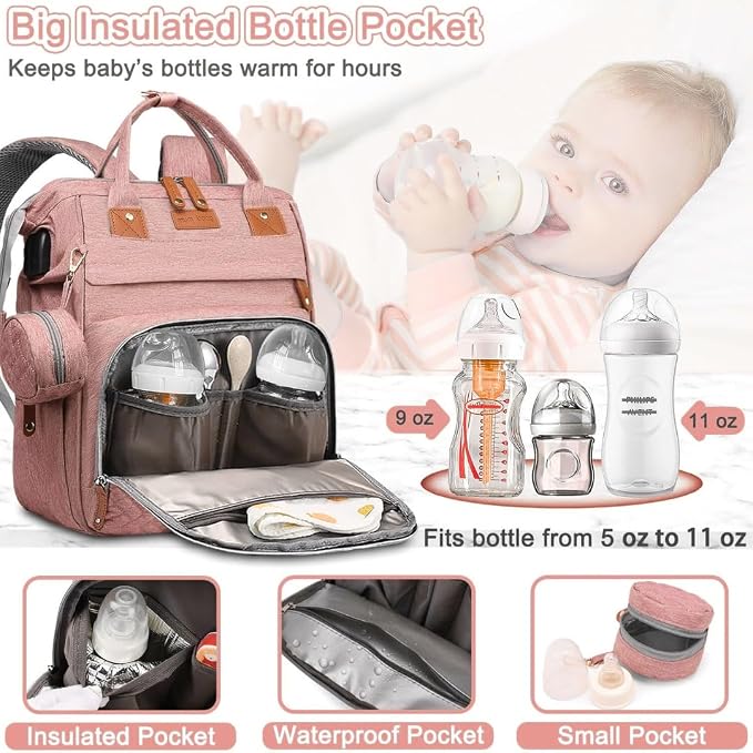 Diaper Bag With Changing Pad, Travel Waterproof Bagpack Diaper Bag For Mom Dad With USB Charging Port, Large Capacity & Multifunctional With Insulated Pacifier Case - Pink