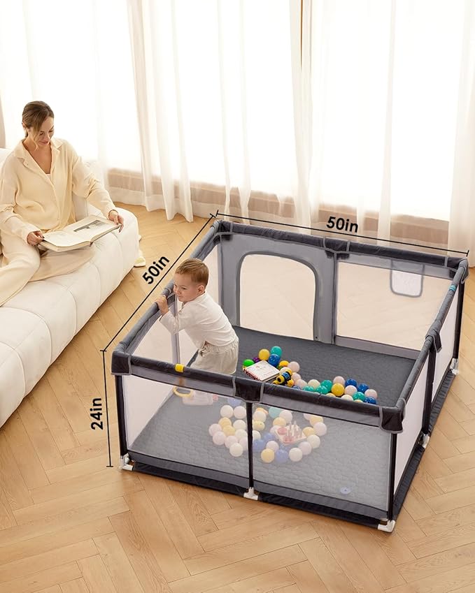 dearlomum Baby Playpen with Non Removable Mat, Extra Large Play Yard for Babies & Toddlers, Portable Travel Playpen, Baby Activity Center for Indoor & Outdoor Use (Grey 50"×50")