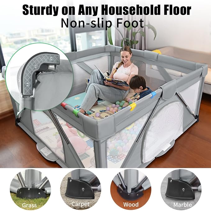 Baby Playpen Foldable, Heyo.Ja Large Play Yard, Playpen for Babies and Toddlers, Play Pens for Babies and Toddlers with Gate, Indoor & Outdoor Portable Play Pen (Washable 71x59in, Cold Grey)