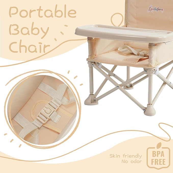 Portable Baby Chair,Portable 3-in-1 Baby Booster Seat with Tray,Folding Toddler High Chair for Travel,Camping, Home & Dining, Easy to Clean & Store, Safe with Child Safety Belt Carry Bag(White)