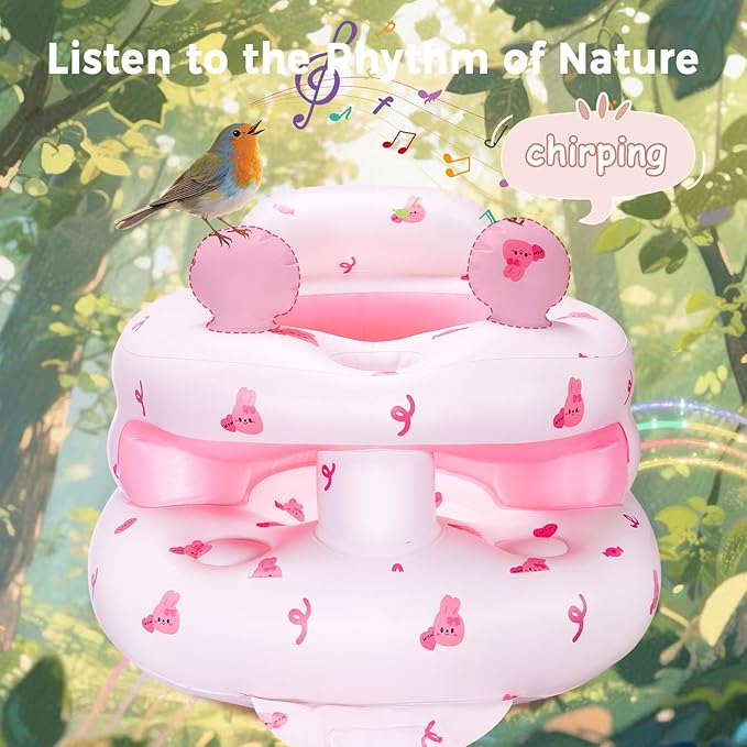 Inflatable Baby Seat for Babies 3-36 Monthsï¼?Squeaky Sound & Anti-Fall Design] Inflatable Chair with Sound-Making Ears, Baby Seat for Sitting-Up Practice, Built-in Air Pump (Pink Bunny)