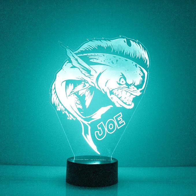 Personalized Fishing Fish LED Sign Night Light Lamp with Remote, Custom Text, Acrylic Display with 16 Colors & 4 Modes, Battery or USB Power, Made in The USA