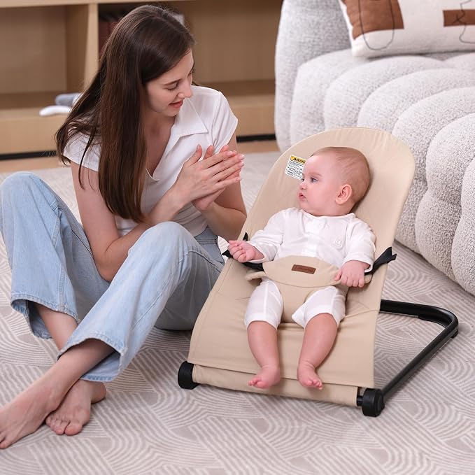 Baby Bouncer,Baby Bouncer Seat,Portable Infant Bouncer with 3-Point Safety Harness,Ergonomic Bouncy seat, Bouncer for Babies 0-6 Months up to 20lbs (Apricot)