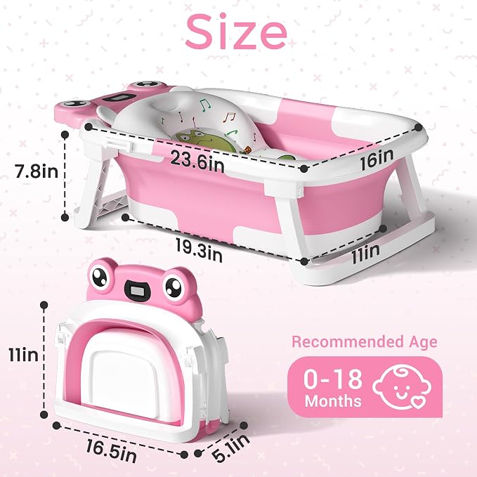 BUNWAG Baby Bathtub,Collapsible Newborn Bathtub for Infant to Toddler with Soft Cushion and Thermometer,Portable Travel Newborn Tub with No-Slip Feet,Baby Shower Gifts,0-12 Months Babybath,Bright Pink
