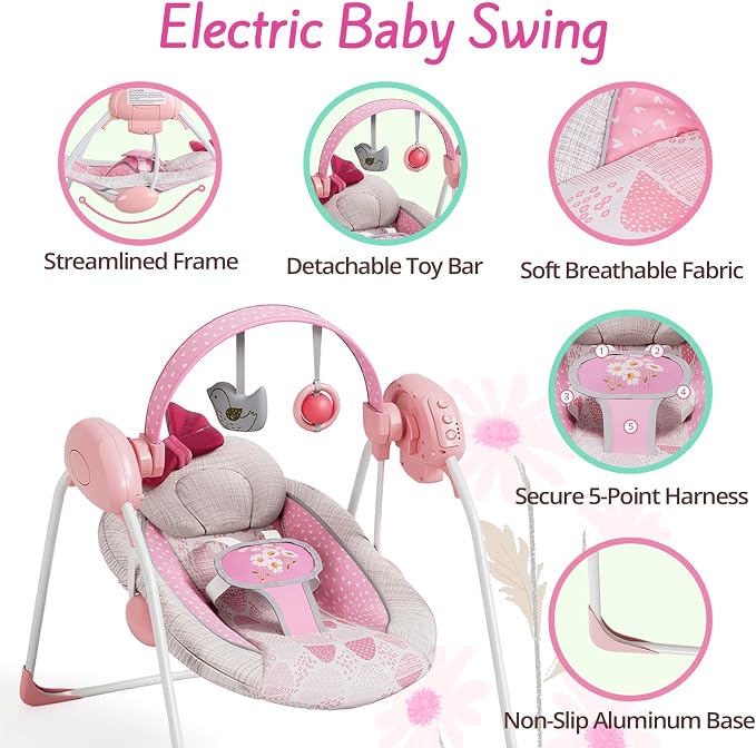 Portable Baby Swing, Pink Electric Infant Swing with 5 Speed Levels, 6 Songs & Timer – Battery-Powered Only (No Batteries Included) Pink and White