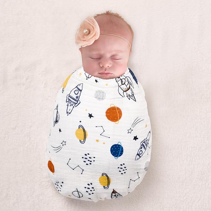 david's kids 4 Pack Baby Muslin Swaddle Blankets, 100% Cotton and Ultra Soft Breathable Receiving Blanket Wrap for Boys Girls, New Born Essentials, Large 47 x 47 inches, Space/Stars/Wave