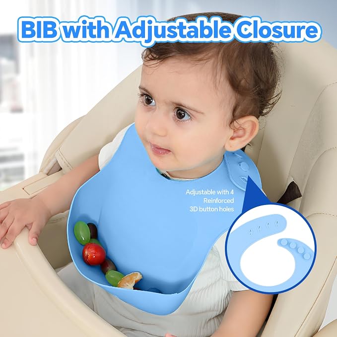 Silicone Baby Feeding Set, BPA Free Baby Feeding Essentials, Baby Suction Bowl, Plates, Bib, Sippy Cup, Spoons set, Baby Led Weaning Supplies to Develop Self-feeding Skills (Blue, With Lid)