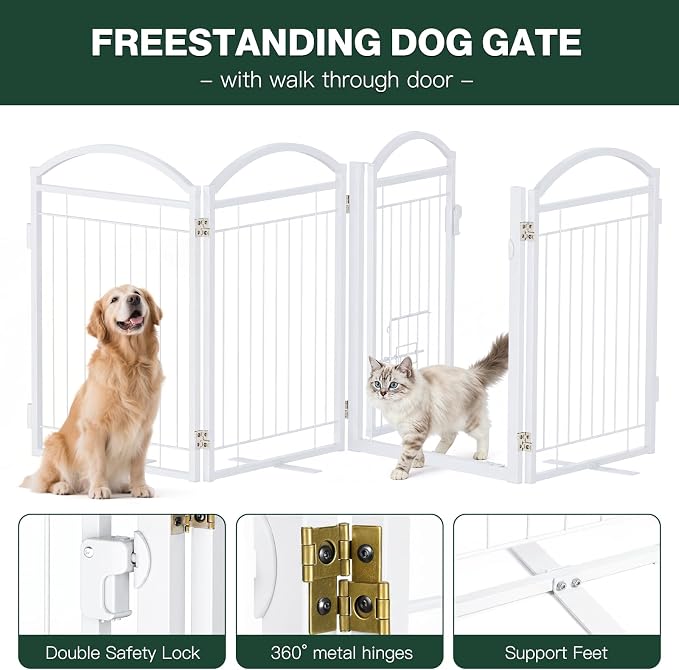 Metal Freestanding Dog Gate with Cat Door for Indoor & Outdoor,30" Tall Foldable Dog Fence,80" Extra Wide Freestanding Pet Gate for Large Openings,RV Camping,Stairs,Deck,Yard,Doorways(4 Panels,White)