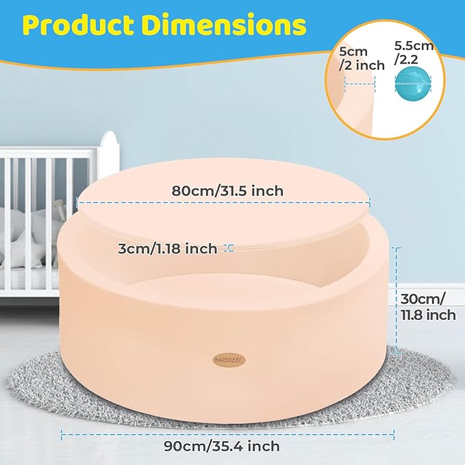 HARBOLLE Baby Ball Pit 35.4" Soft Round Memory Foam Ball Pits NOT Included Balls Indoor Outdoor Playpen for Babies Toddlers Kids Great Gift for Girls Boys, Peach Beige