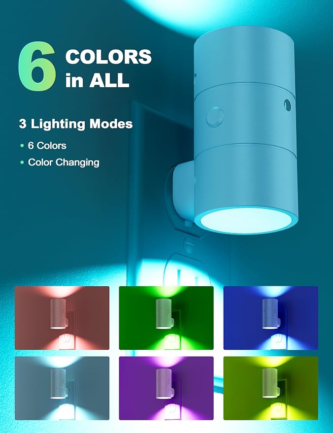 VOLISUN Led Night Light Plug into Wall, 6 RGB Night Lights with Light Sensor, Color Changing Mode, Dimmable Night Light for Christmas, Halloween, Holiday Decor, Hallway, Bedroom White 2 Pack