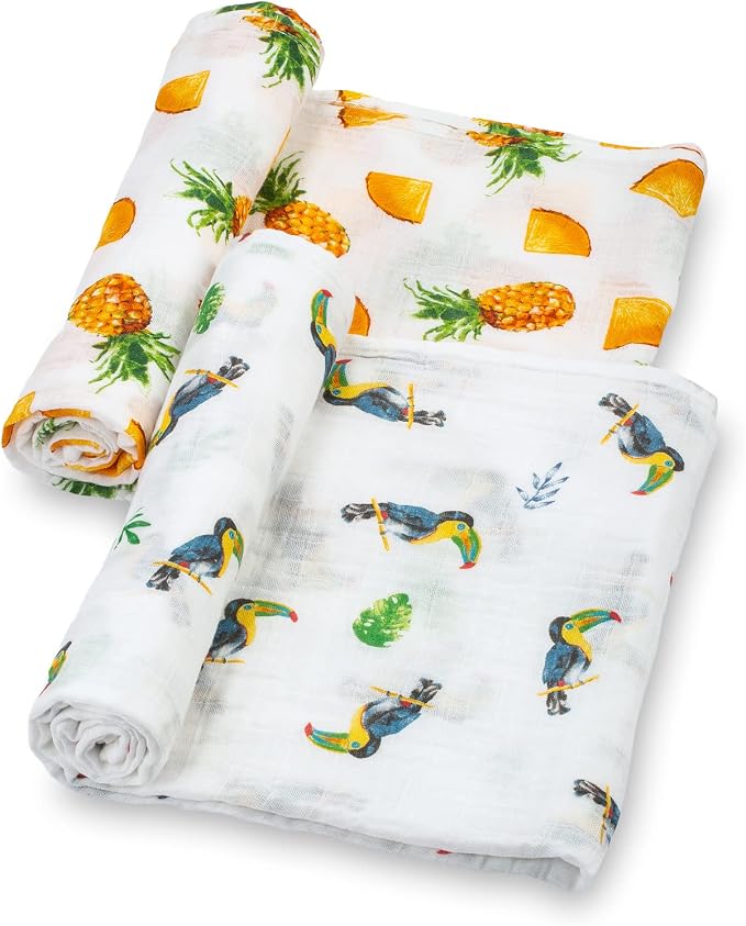 LollyBanks Muslin Swaddle Blankets, Large 47 x 47 Inches Baby Blanket for Boys and Girls, 100% Cotton Newborn Blanket, Breathable and Lightweight Baby Receiving Blankets, Registry (Tropical 2 Pack)