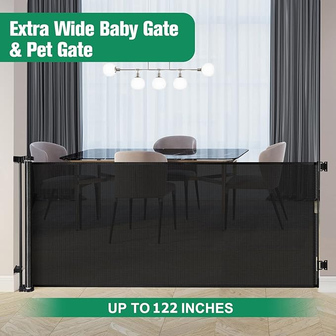 Mom's Choice Awards Winner - 122 Inch Extra Wide Baby Gate for Large Openings Retractable Baby Gates for Doorways Extra Long Dog Gate Pet Gates for Dogs Indoor Outdoor Retractable Dog Gate for Stairs
