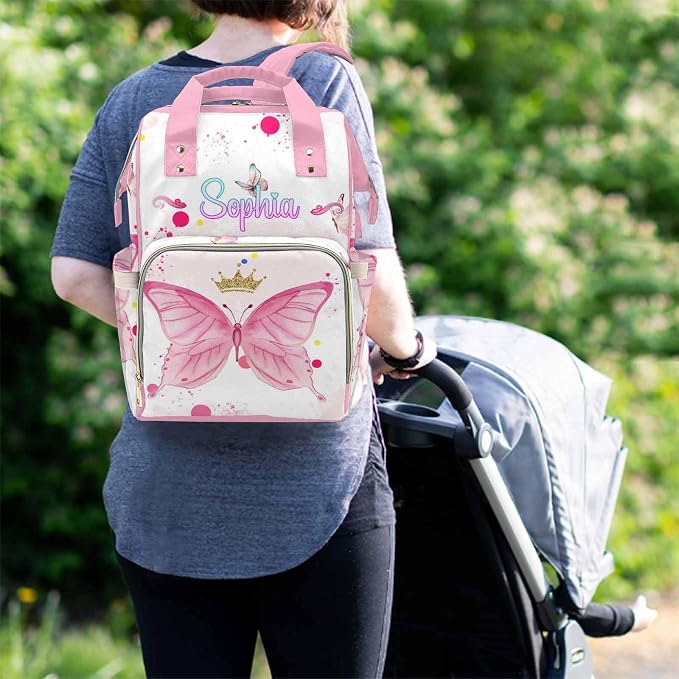 M YESCUSTOM Custom Diaper Bag for Girls - Large Capacity Backpack with Pockets - Butterfly Personalized Baby Diaper Bags for Mom - Waterproof Nappy Bag - Newborn Gift