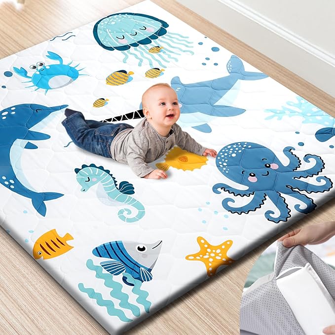 TINYHARBO Premium Foam Baby Play Mat 50x50 ??Removable & Machine Washable Cover, Extra Thick Padding Playpen Mat, Non-Slip Crawling Mat, Easy to Clean for Infants, Toddlers & Babies