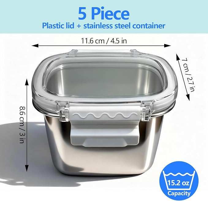 Stainless Steel Small Container with Lid - 5 Piece 15.2oz Reusable Stainless Steel Snack Containers, Leakproof Freezer Safe Metal Bento Box Fit for Portioning Snacks, Dips, and Salad