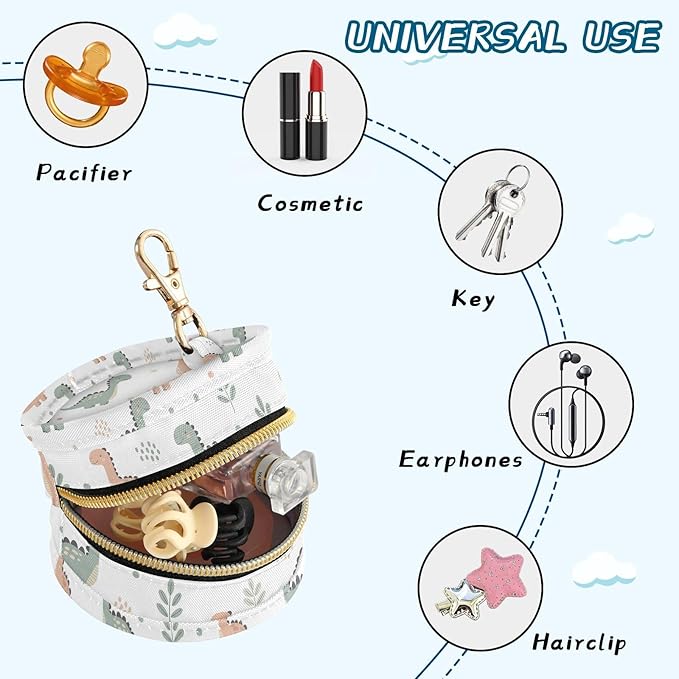 Cute Dinosaur Leaves Dots Baby Pacifier Holder Case with Clip Portable Pacifier Storage Organizer Round Container Pouch Box Fits Diaper Bag Stroller Purse