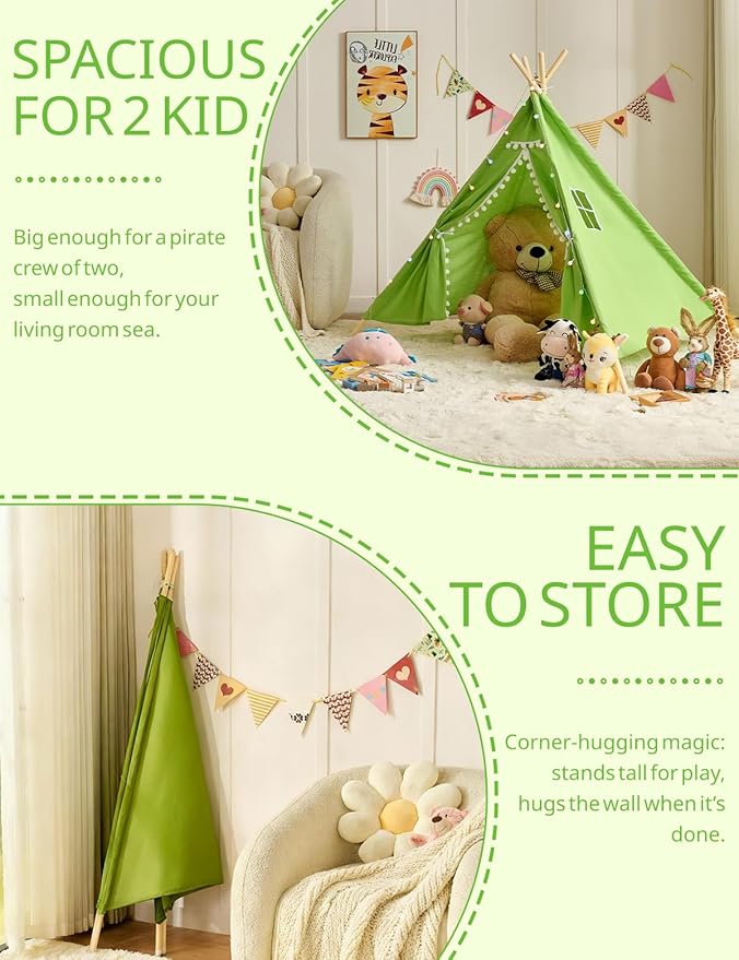 2 Pack Teepee Tent for Kids, Children Play Tents for Girls & Boys Slumber Party, Cotton Linen Playhouse Sleepover Tent with Pompom & Lights