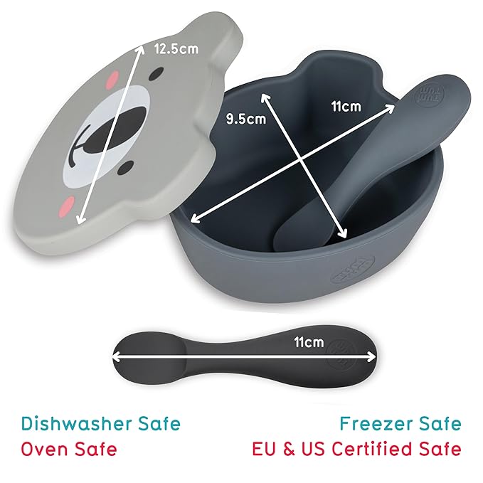 TUM TUM Suction Bowl For Baby, Toddler Bowl With Lid & Spoon, For Babies & Toddlers 6 Months+, BPA Free Silicone Baby Feeding Set, Microwave/Dishwasher/Freezer Safe, Kev Koala, Grey