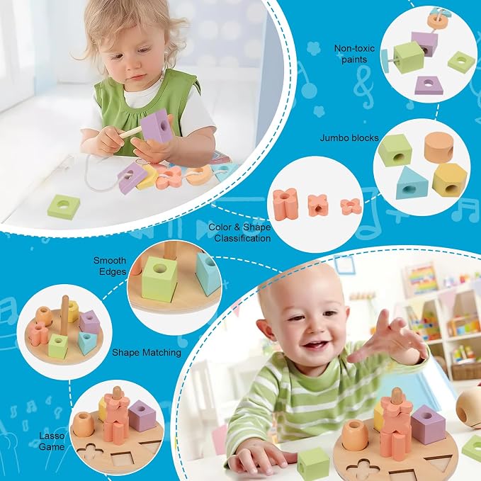 Adena Montessori Play Kit for 13-18 Month Baby,8 in 1 Toy,Colorful Stacking&Nesting Cup,Coin Bank,Coins,Carrots Lid,Carrots,Posting Lid,Flexble Stacker,Bead Kit,Shape Puzzle,Pound&Tap Hammer Bench