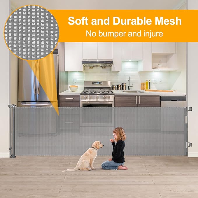 33" Tall Baby Gate for Doorway Retractable Mesh Gates for Kids or Pets Anti-Climb 100" Wide Baby Gates for Large Openings Scratch-Resistant Retractable 8.3ft Extra Wide Outdoor Dog Gate Indoor, Gray
