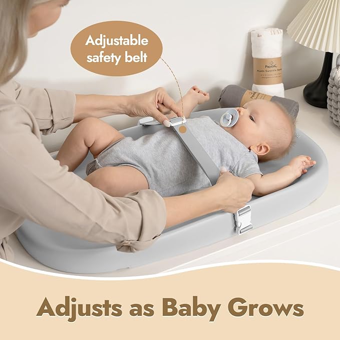 Papablic Baby Changing Pad ??Soft & Wipeable Diaper Changing Table Mat for Dresser Bed Sofa, Built-in Safety Belt, Non-Slip, Waterproof, Easy to Clean ??Gray, Ideal Gift for New Parents