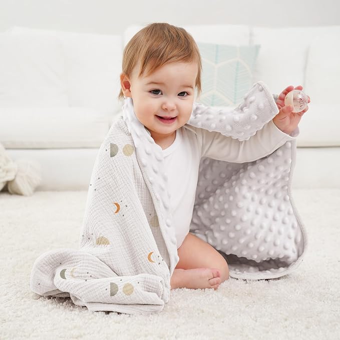 Susurration Baby Blanket for Unisex Boys Girls, Soft Nursery Minky Blanket with Muslin Cotton Front and Dotted Fleece Back, Receiving Blanket for Baby Newborn Infant, 30x40inch