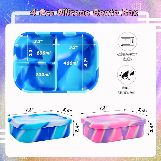 Layhit 2 Pcs Silicone Bento Box for Adults, 27 oz Bento Lunch Container Reusable Food Container for Women Men, Leak Proof Microwave Dishwasher Freezer Safe (3 Compartments,Pad Dyeing Colors)