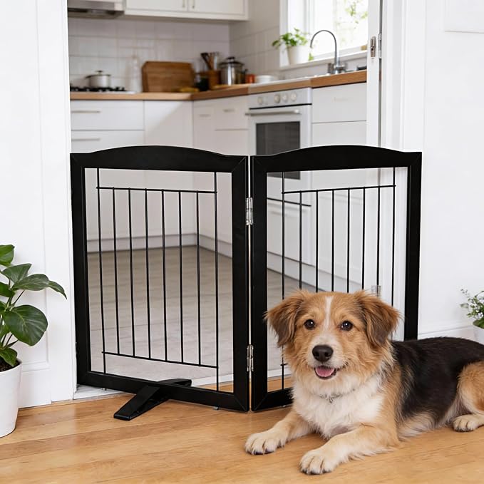 Dog Fence Indoor,Dog Gate Indoor for Doorway pet gate -2-Panel Freestanding, Hallways, House or Stairs -40x24-Inch Retractable Foldable Expandable Wood Pet by SFJC (Black) ﻿