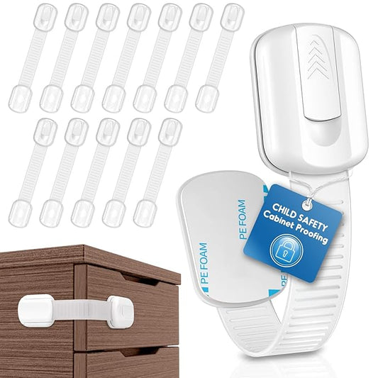 Cabinet Locks Baby Proofing, 12 Pack Child Proof Cabinet Locks with Strong Adhesive Child Safety Locks for Doors, Drawer Locks Baby Proofing No Drilling, Cabinet Locks for Babies- White