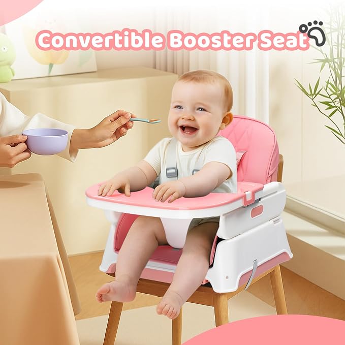 JOYMOR 5 in 1 Baby High Chair for Babies and Toddlers, Portable Highchair Fold Compact, ConvertibleBaby Feeding Chair Booster for Eating with Detachable Double Tray, 5 Point Harness (Pink)