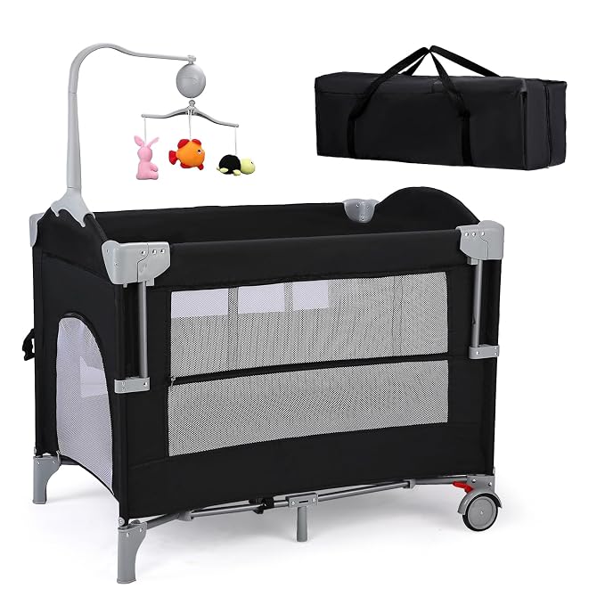 JOYMOR 4 in 1 Pack and Play, Baby Bedside Bassinet, Sturdy Play Yard with Padded Mat and Music Bar with Soft Animals