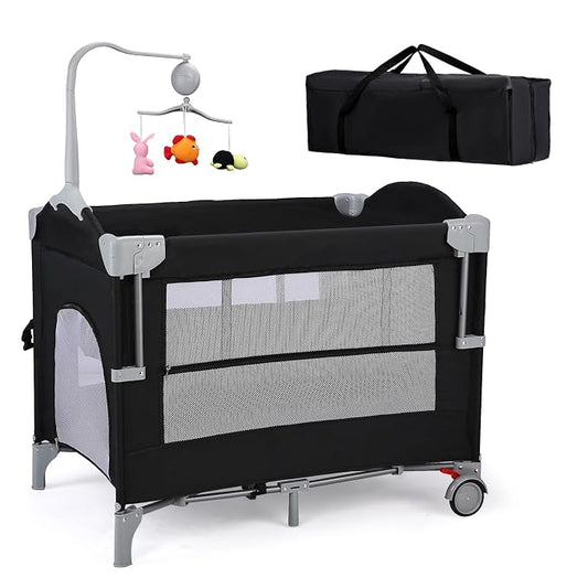 JOYMOR 4 in 1 Pack and Play, Baby Bedside Bassinet, Sturdy Play Yard with Padded Mat and Music Bar with Soft Animals