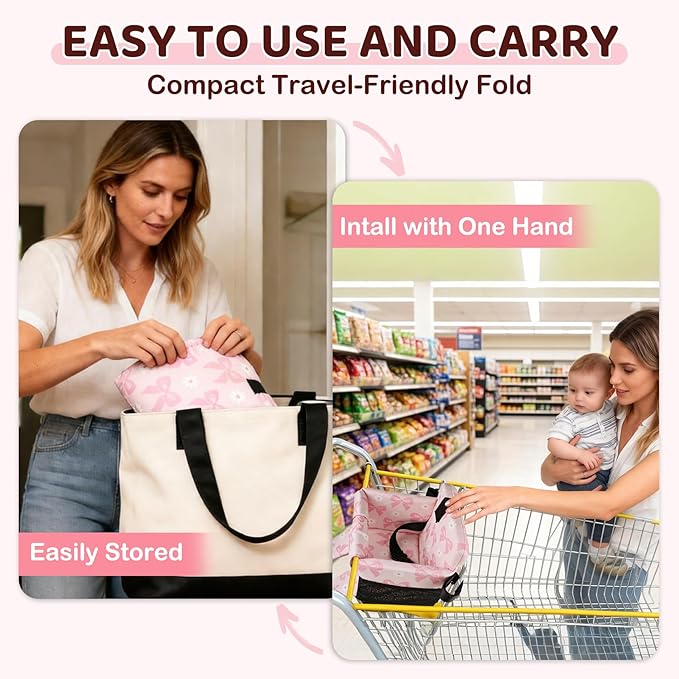 Portable Baby Shopping Cart Seat, High Chair Cover for Outdoor, One-Hand Installation Cart Seat Cover, Comfortable and Supportive Foam-Padded, Grocery Cart Baby Seat ??Pink Bow