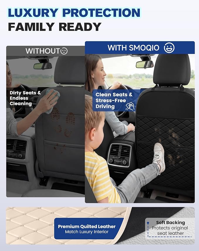 Seat Back Protectors for Kids, Car Kick Mats for Back of Front Seats with Large Pocket Organizer, Waterproof, Protects Against Dirt, Scuffs & Scratches, Fits Most Vehicles, 2PCS (Beige)
