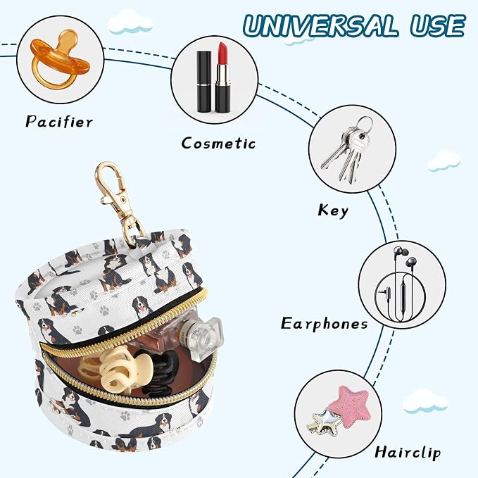 Berner Dog Paw White Print Pacifier Holder Case with Clip Paci Holder Pacifier Storage Case Container Portable for Diaper Bag Newborn Girl Boy Essentials