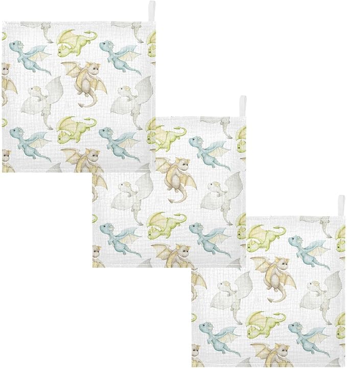 vvfelixl Baby Muslin Washcloths Watercolor Dragons Cartoon Style Baby Burp Cloths Cotton Baby Face Towel for Newborn Infants Boys Girls Soft and Absorbent 11.8 X 11.8 in, 3 Pack