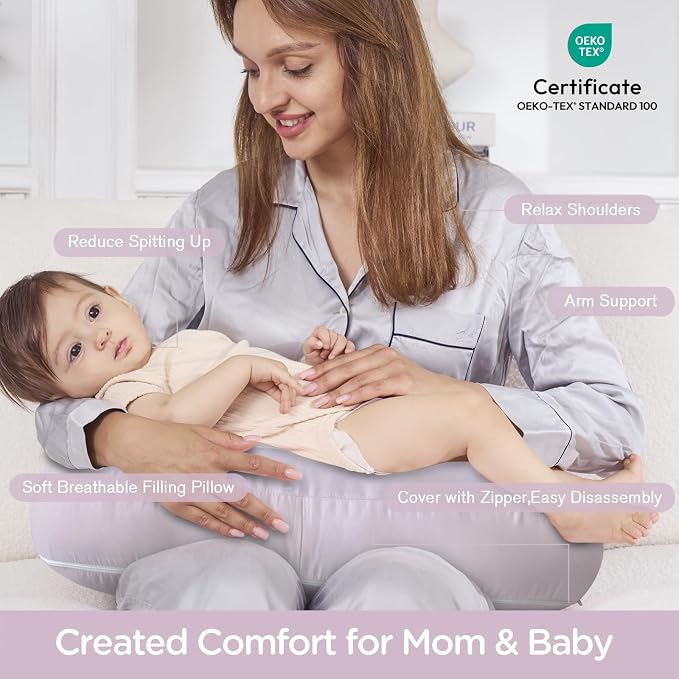 Plushii U-Shaped Nursing Pillow with Washable Cover,Blush | Ergonomic U-shaped breastfeeding support pillow for mom and baby, featuring a soft, breathable and washable cover
